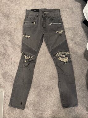 Balmain Men's Black Distressed Moto Skinny Jeans